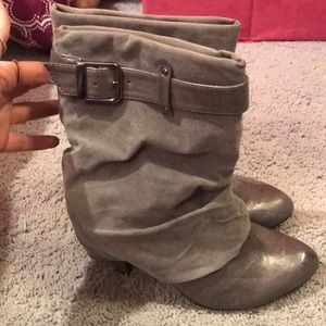 grey booties boot heels with buckle close toed